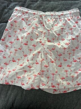 Janie and Jack White Swim Trunks with Pink Flamingo Print